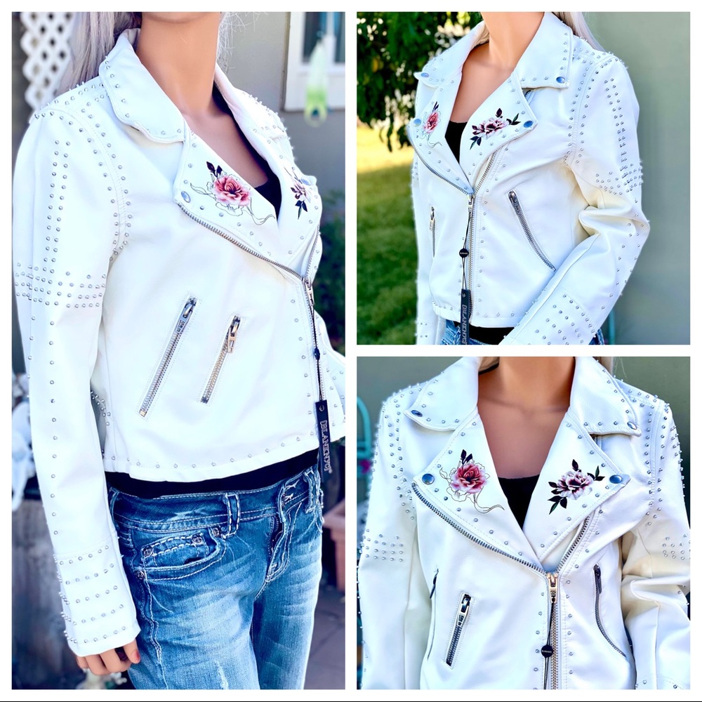 🎉HOST PICK🥳 NWT Blank NYC Floral Stud Trendy Zip Moto Bomber Crop Jacket - Picture 5 of 16